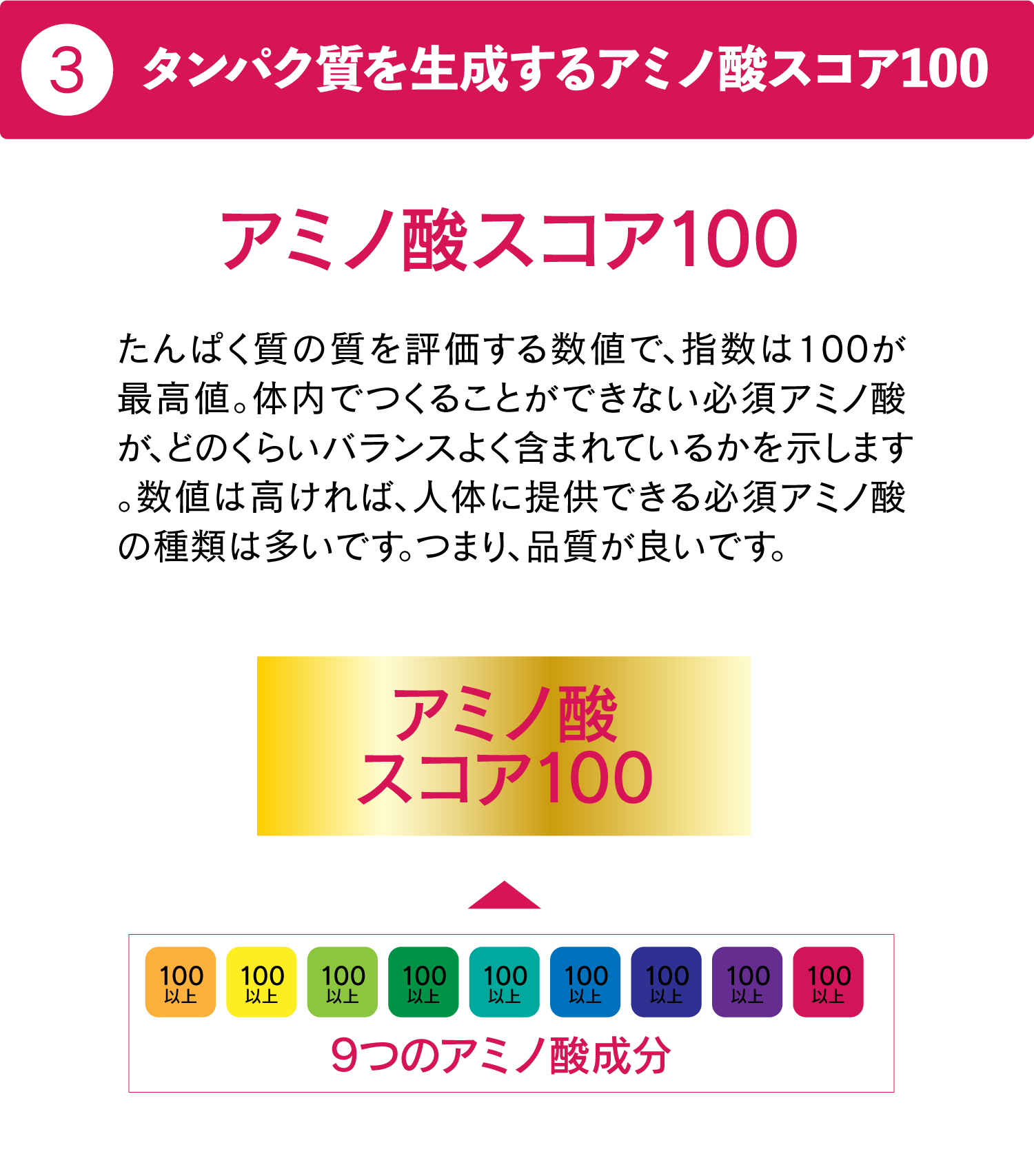 タンパク質を生成するアミノ酸スコア100