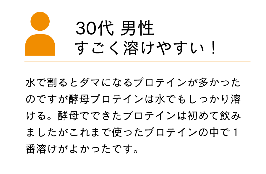 水で割るとダマになるプロテインが多かったのですが酵母プロテインは水でもしっかり溶ける。酵母でできたプロテインは初めて飲みましたがこれまで使ったプロテインの中で１番溶けがよかったです。