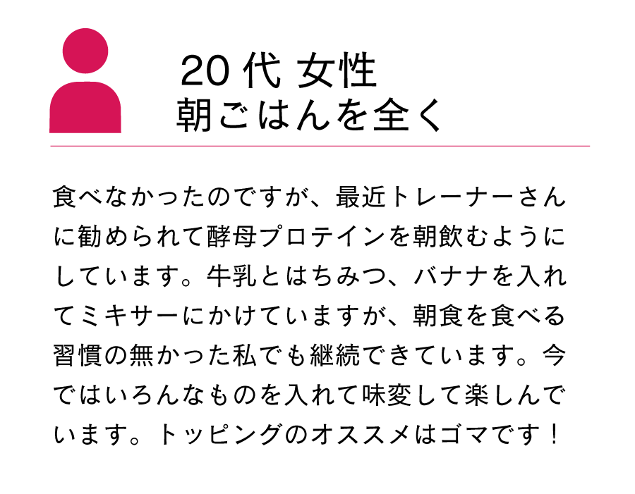 食べなかったのですが、最近トレーナーさんに勧められて酵母プロテインを朝飲むようにしています。牛乳とはちみつ、バナナを入れてミキサーにかけていますが、朝食を食べる習慣の無かった私でも継続できています。今ではいろんなものを入れて味変して楽しんでいます。トッピングのオススメはゴマです！